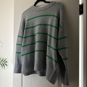 Aerie Oversized Heather Gray and Green Striped Sweater Size Medium